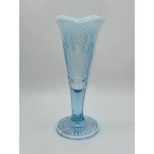 Mosser 1970s Aqua Opalescent Glass Vase Diamond Pattern Pedestal‎ Vase 10"